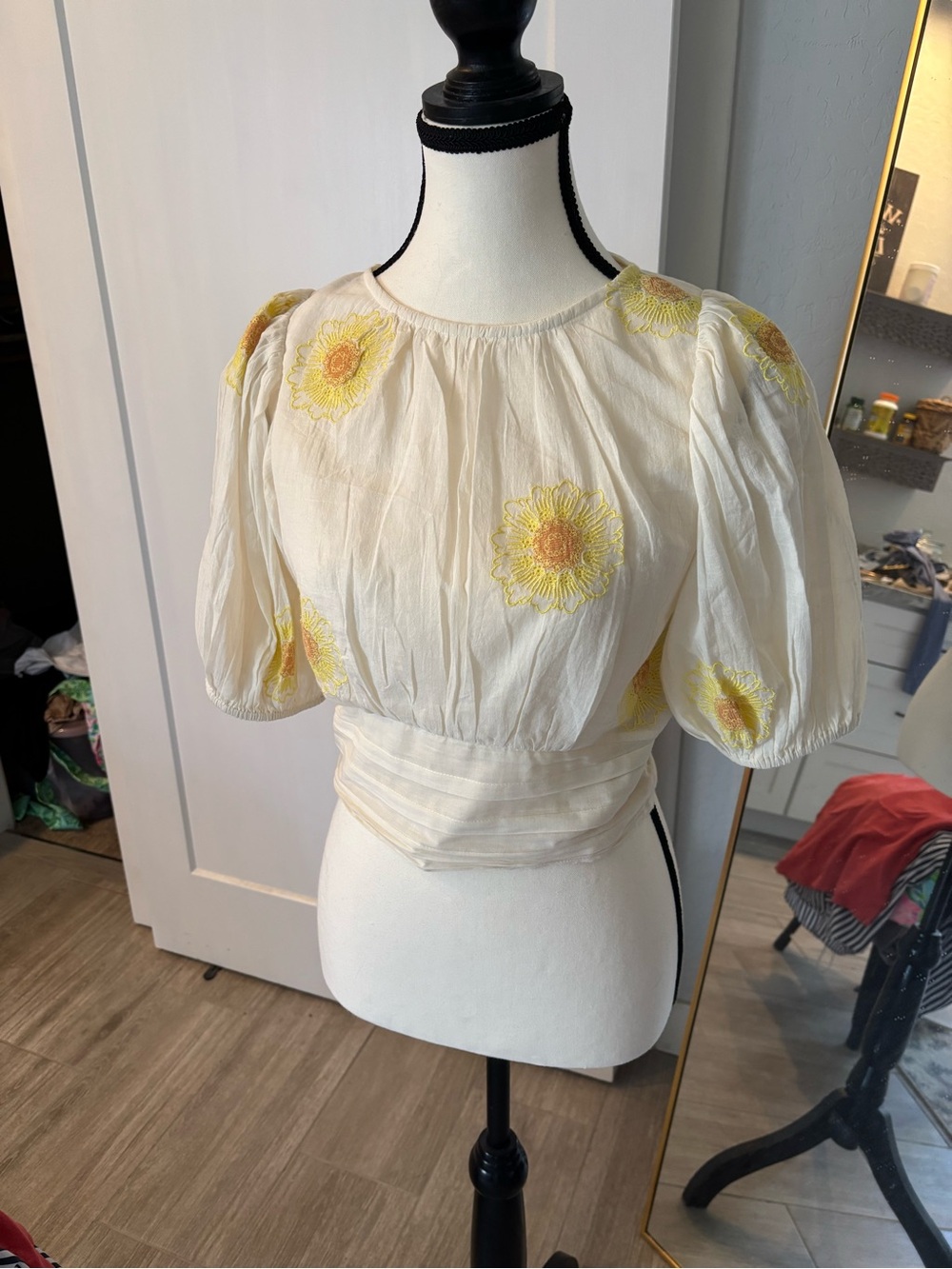Free People Puff Sleeve Crop Top with Yellow Floral Embroidery